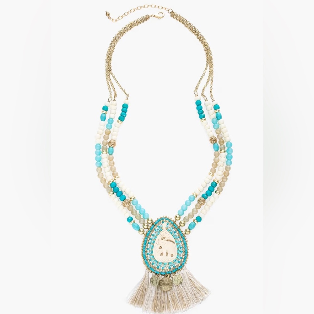 CHICO'S Women’s Turquoise and Neutral Elephant Pendent Long Necklace Adjustable